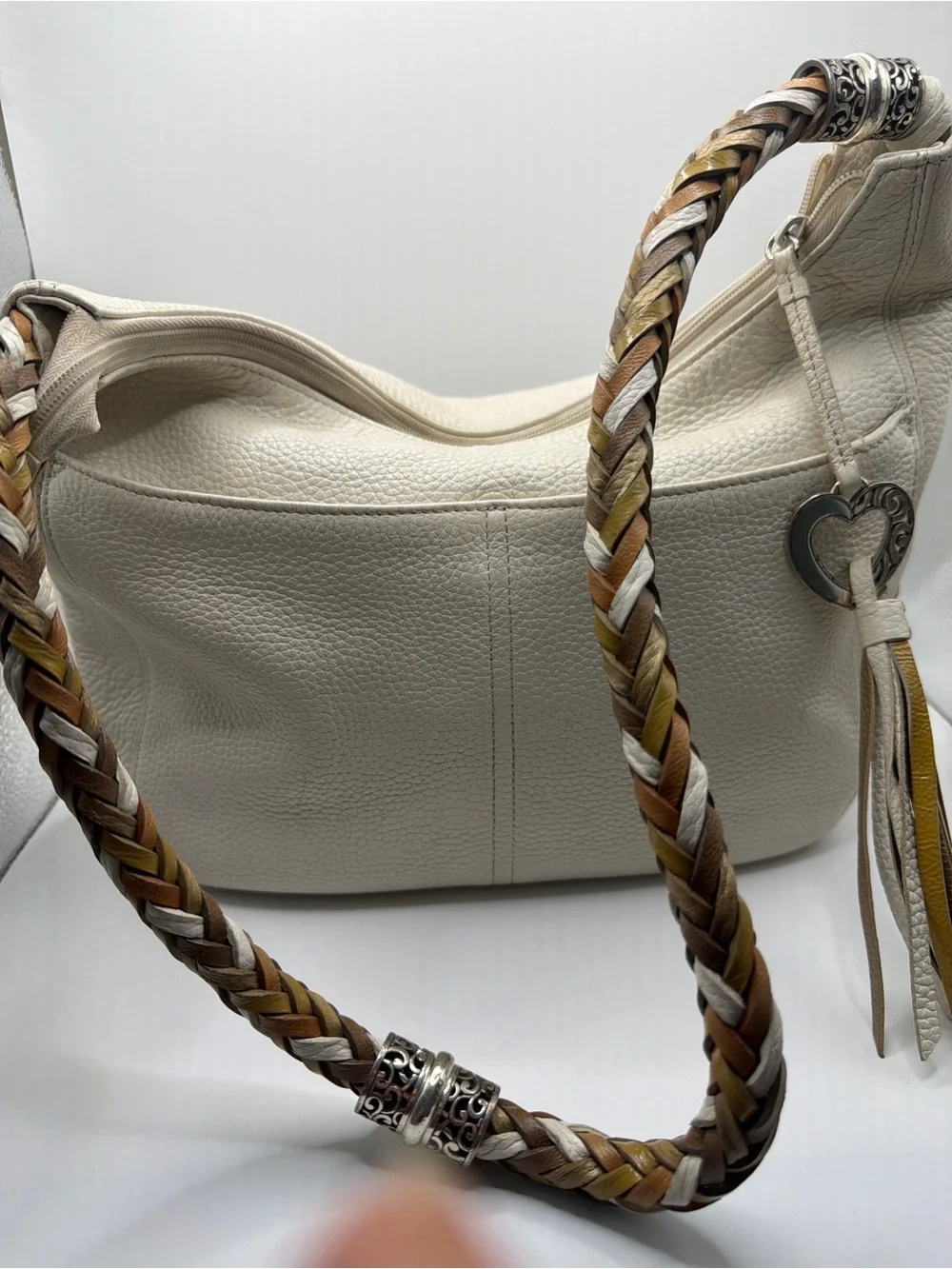 Brighton Ivory Leather Hobo with Braided Tan & Brown Strap